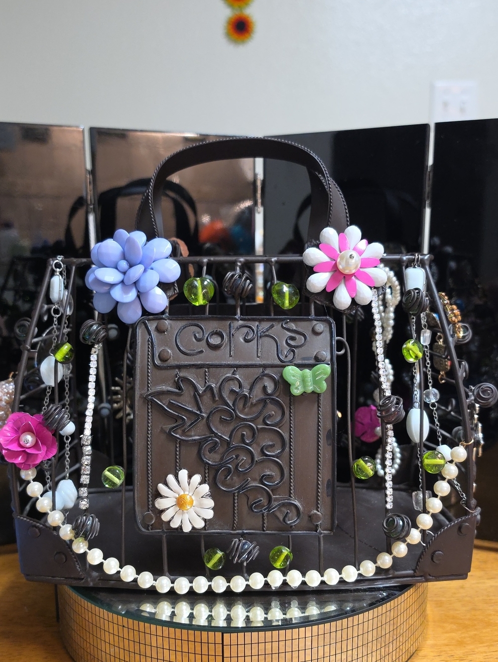 Hand Crafted Floral Jewelry Accent Brown Metal Decor Tote